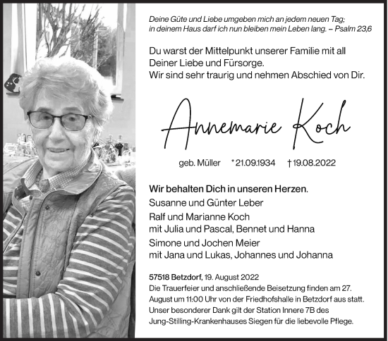 Traueranzeige von Annemarie Koch von Siegener Zeitung