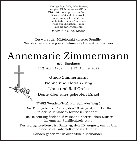 Traueranzeige von Annemarie Zimmermann von Siegener Zeitung