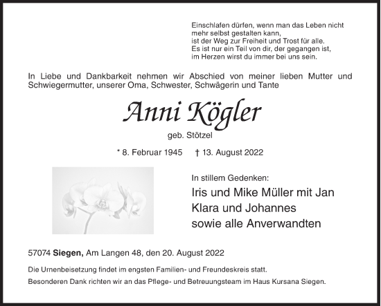 Traueranzeige von Anni Kögler von Siegener Zeitung