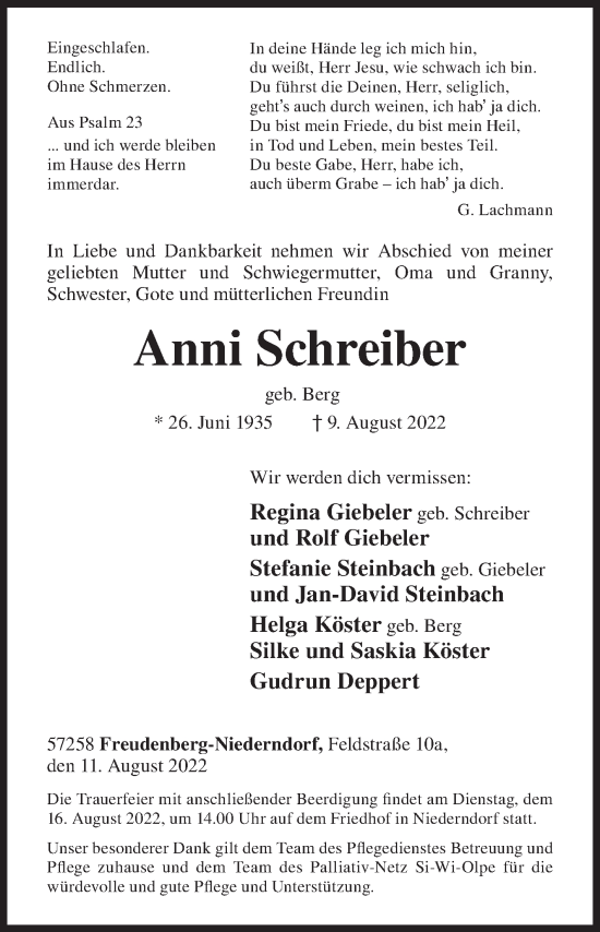 Traueranzeige von Anni Schreiber von Siegener Zeitung