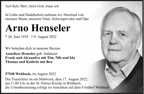 Traueranzeige von Arno Henseler von Siegener Zeitung