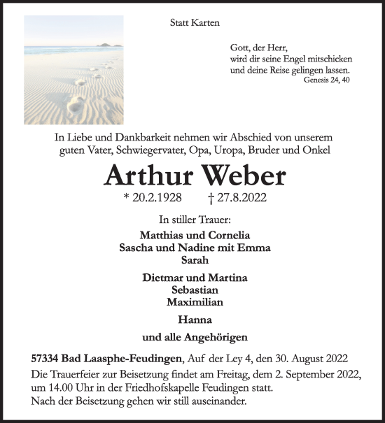 Traueranzeige von Arthur Weber von Siegener Zeitung