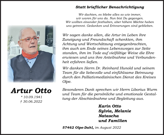 Traueranzeige von Artur Otto von Siegener Zeitung