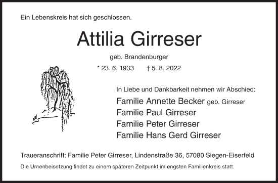 Traueranzeige von Attilia Girreser von Siegener Zeitung