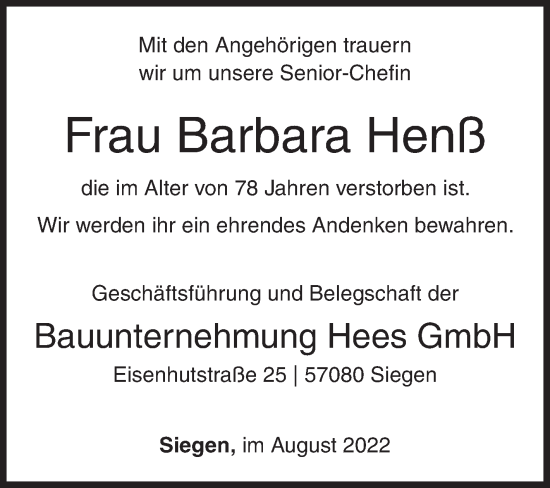 Traueranzeige von Barbara Henß von Siegener Zeitung