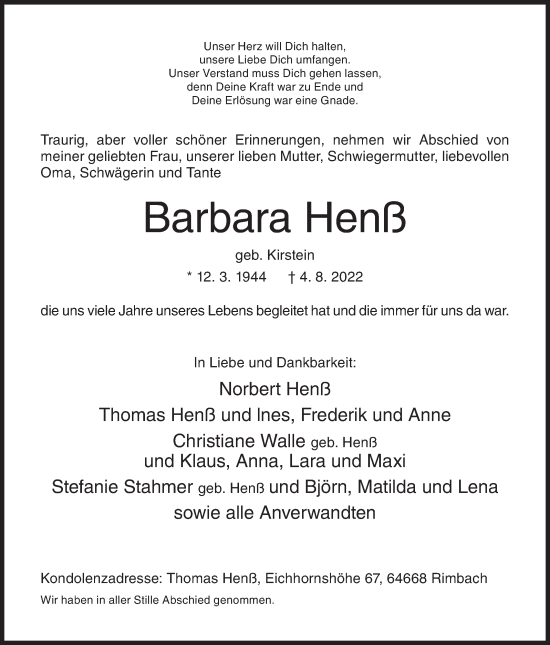 Traueranzeige von Barbara Henß von Siegener Zeitung