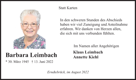 Traueranzeige von Barbara Leimbach von Siegener Zeitung