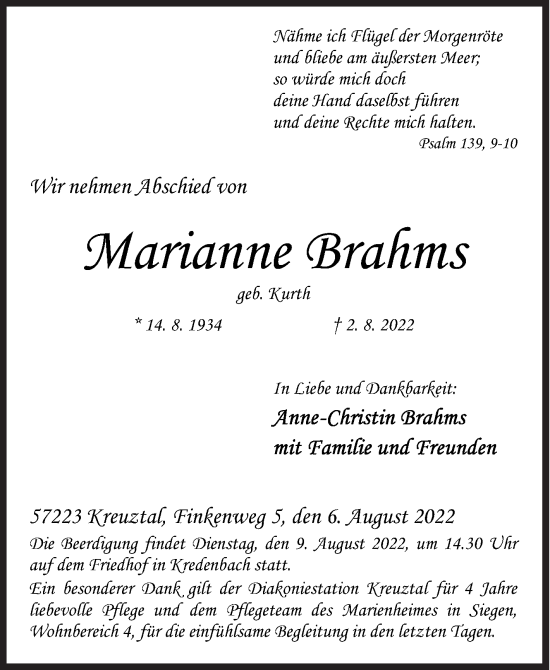 Traueranzeige von Barianne Brahms von Siegener Zeitung