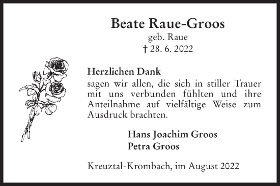 Traueranzeige von Beate Raue-Groos von Siegener Zeitung