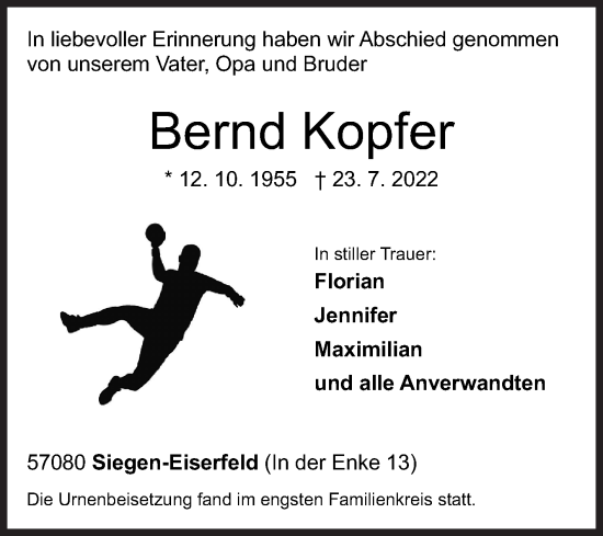 Traueranzeige von Bernd Kopfer von Siegener Zeitung