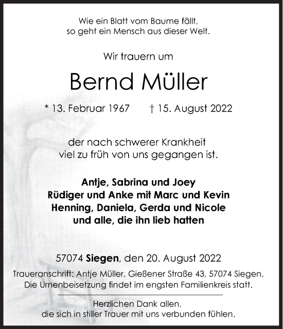 Traueranzeige von Bernd Müller von Siegener Zeitung