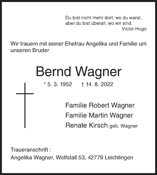 Traueranzeige von Bernd Wagner von Siegener Zeitung
