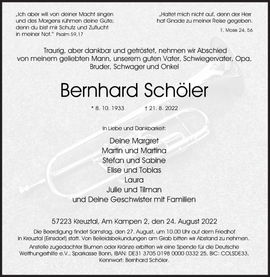 Traueranzeige von Bernhard Schöler von Siegener Zeitung