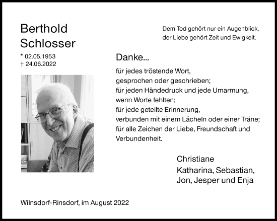 Traueranzeige von Berthold Schlosser von Siegener Zeitung