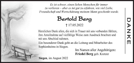 Traueranzeige von Bertold Berg von Siegener Zeitung