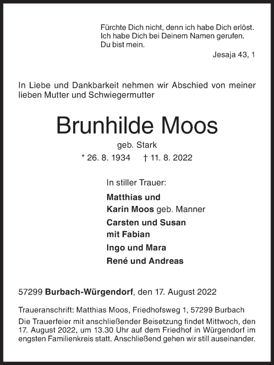 Traueranzeige von Brunhilde Moos von Siegener Zeitung