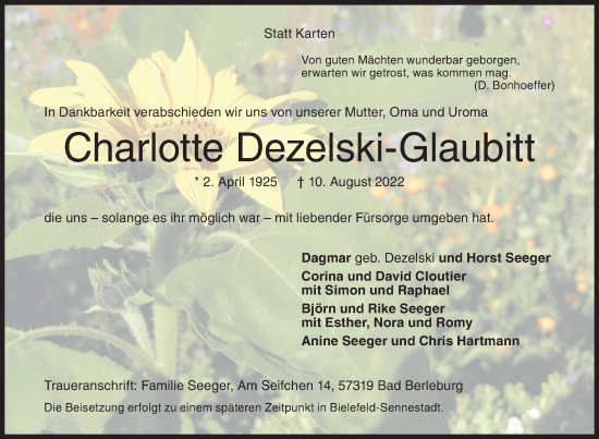 Traueranzeige von Charlotte Dezelski-Glaubitt von Siegener Zeitung