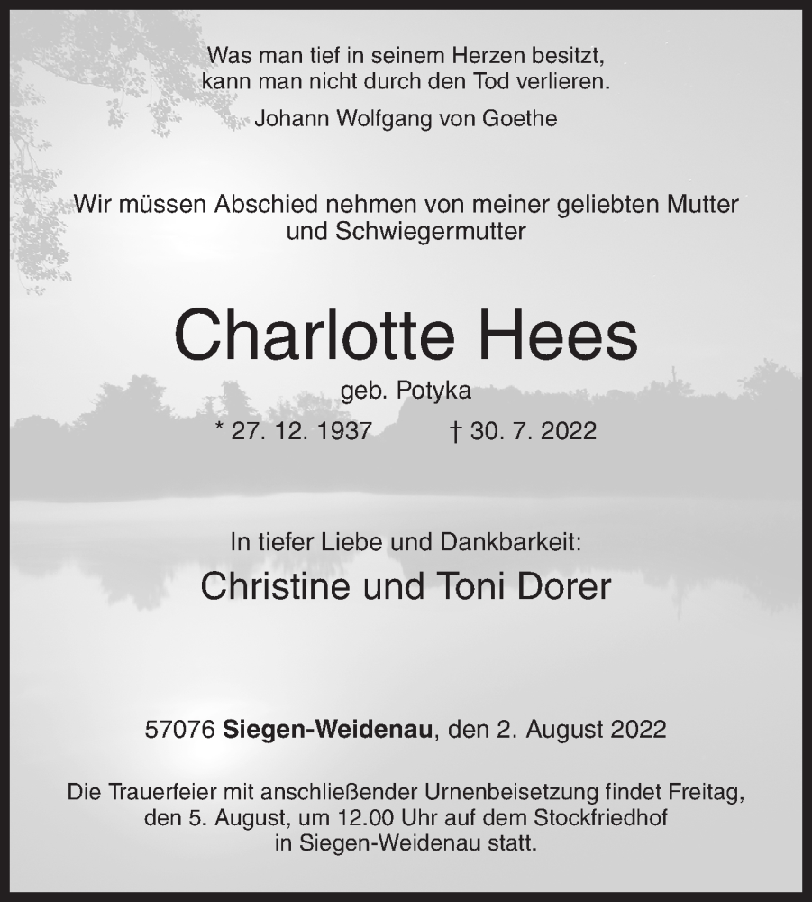  Traueranzeige für Charlotte Hees vom 02.08.2022 aus Siegener Zeitung