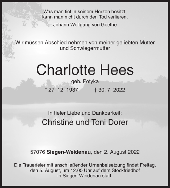 Traueranzeige von Charlotte Hees von Siegener Zeitung