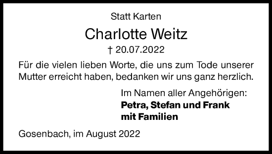 Traueranzeige von Charlotte Weitz von Siegener Zeitung