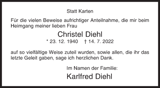 Traueranzeige von Christel Diehl von Siegener Zeitung