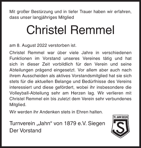 Traueranzeige von Christel Remmel von Siegener Zeitung