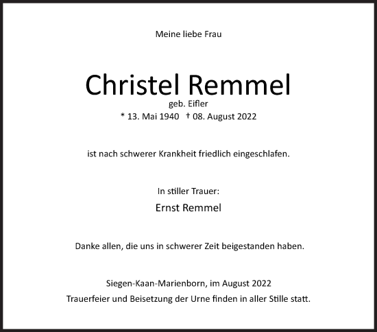 Traueranzeige von Christel Remmel von Siegener Zeitung