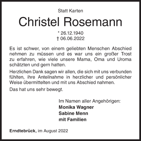 Traueranzeige von Christel Rosemann von Siegener Zeitung