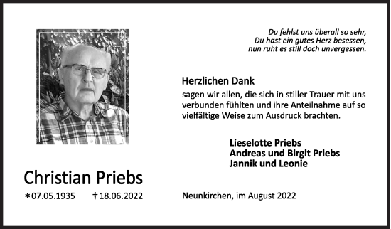Traueranzeige von Christian Priebs von Siegener Zeitung
