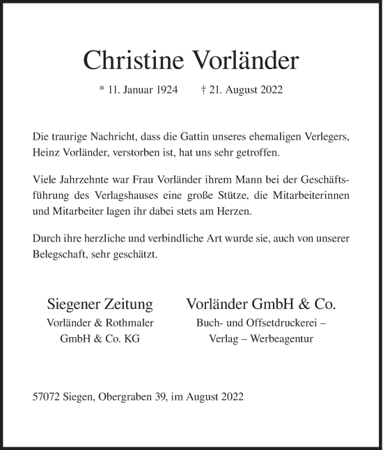 Traueranzeige von Christine Vorländer von Siegener Zeitung