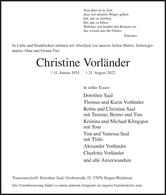 Traueranzeige von Christine Vorländer von Siegener Zeitung