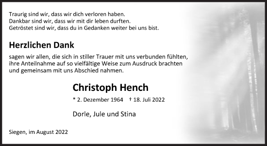 Traueranzeige von Christoph Hench von Siegener Zeitung