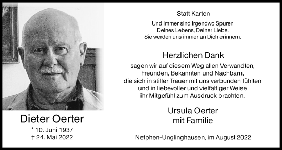 Traueranzeige von Dieter Oerter von Siegener Zeitung