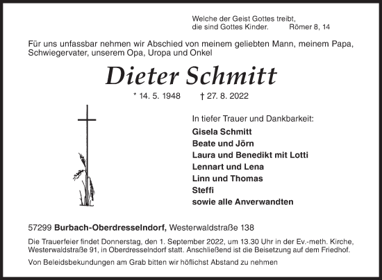 Traueranzeige von Dieter Schmitt von Siegener Zeitung