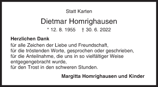 Traueranzeige von Dietmar Homrighausen von Siegener Zeitung