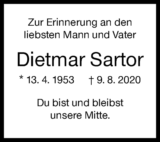 Traueranzeige von Dietmar Sartor von Siegener Zeitung