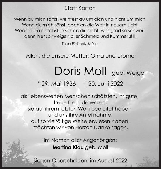Traueranzeige von Doris Moll von Siegener Zeitung