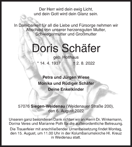 Traueranzeige von Doris Schäfer von Siegener Zeitung