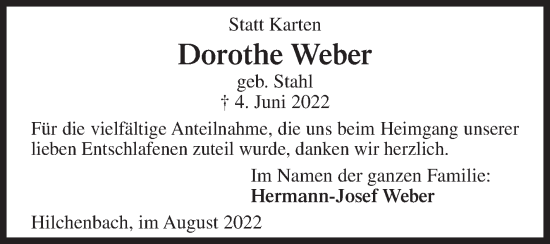 Traueranzeige von Dorothe Weber von Siegener Zeitung