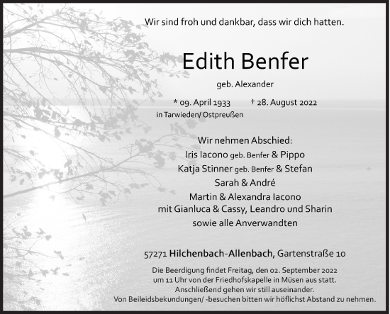 Traueranzeige von Edith Benfer von Siegener Zeitung