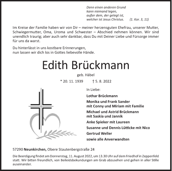 Traueranzeige von Edith Brückmann von Siegener Zeitung