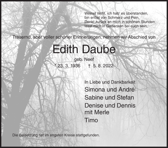 Traueranzeige von Edith Daube von Siegener Zeitung