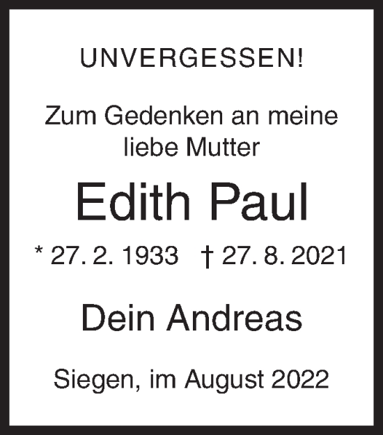 Traueranzeige von Edith Paul von Siegener Zeitung