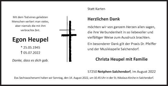 Traueranzeige von Egon Heupel von Siegener Zeitung