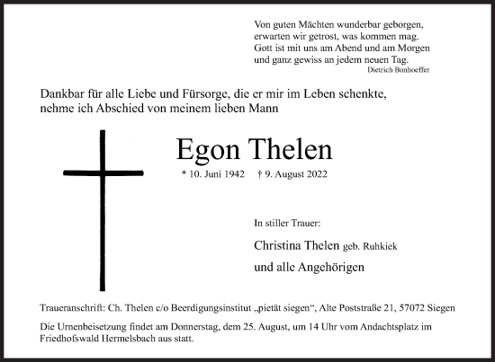 Traueranzeige von Egon Thelen von Siegener Zeitung