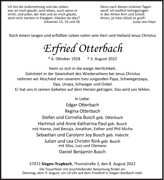 Traueranzeige von Elfried Otterbach von Siegener Zeitung