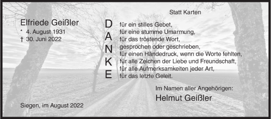 Traueranzeige von Elfriede Geißler von Siegener Zeitung