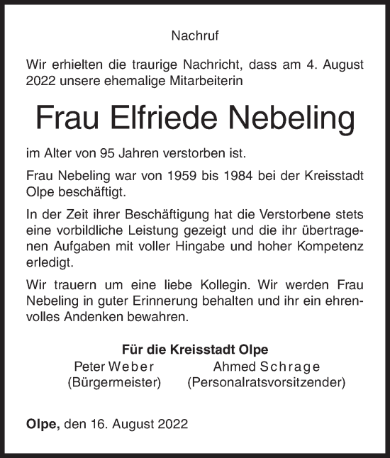 Traueranzeige von Elfriede Nebeling von Siegener Zeitung