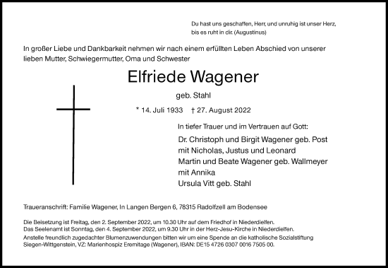 Traueranzeige von Elfriede Wagener von Siegener Zeitung