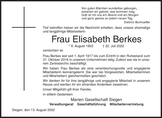 Traueranzeige von Elisabeth Berkes von Siegener Zeitung